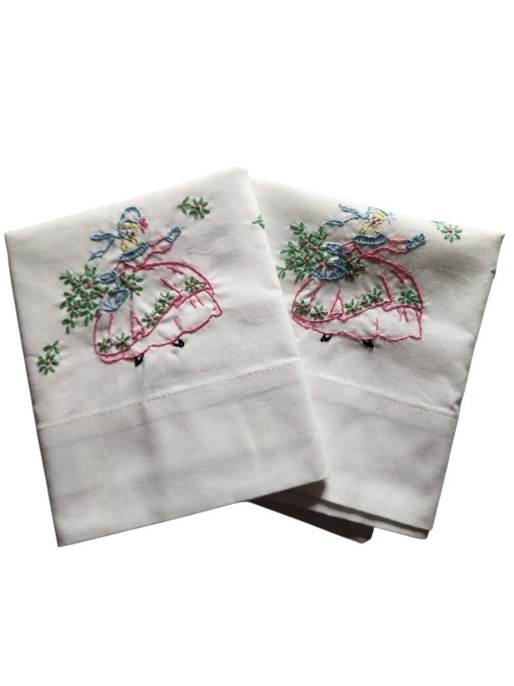 Lady Pepprell 2 Hand Embroidered Pillow Cases Southern Belle Ladies Bonnet